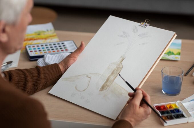 Anziano che disegna e pratica l'art therapy